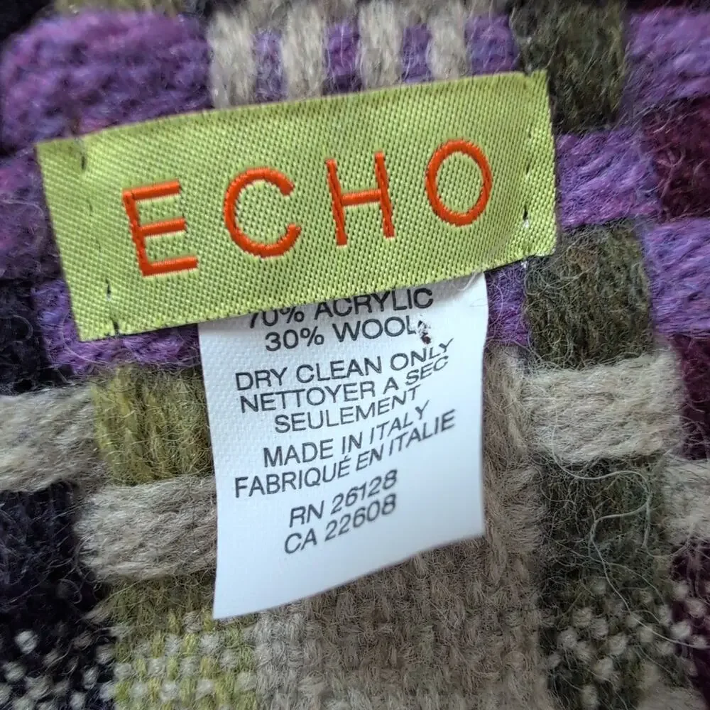 ECHO‎ Scarf Italian Knit Woven Plaid Purple Tan Gray Green Fringe - Wool Blend